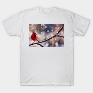 Cute little red bird on a branch at winter T-Shirt